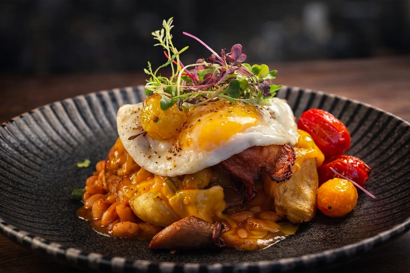 Eggs benedict with a fried egg over hash at Bread and Butter