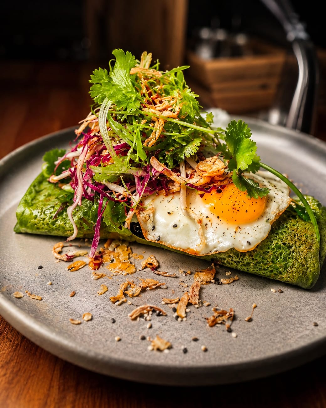 Green pea and herb toast with a poached egg, slaw and chilli at Bread and Butter